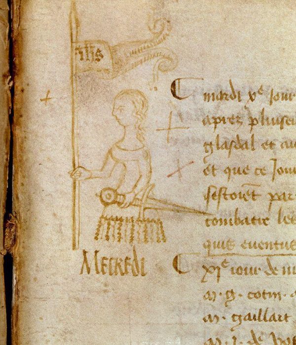 Registre du parlement de Paris. Page 24 - Archives Nationales.

The only known contemporary portrait of Jeanne d'Arc. By Clément de Fauquembergue, the secretary of the Palement of Paris. The artist had never seen Jeanne d'Arc.

This fascinating plain, small line drawing shows her as a small determined woman carrying her army’s sacred banner in one hand and a sword in the other. 

The drawing was made in the margin of the Orleans city record manuscripts on the day she got the English armies away from the city and freed the countryside around Orleans May 10. 1429